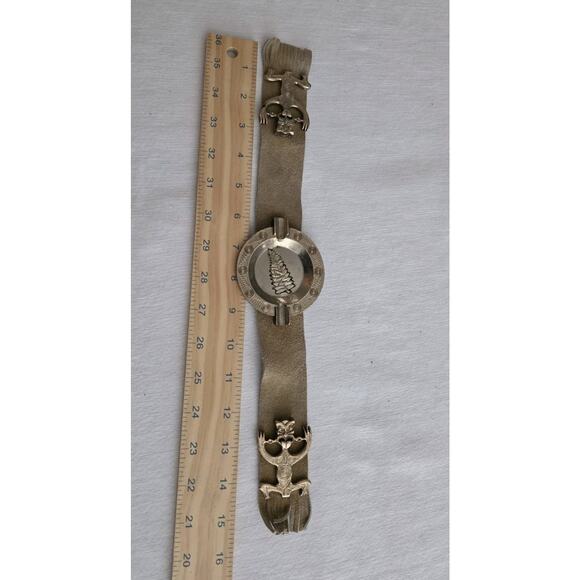 Rare Vintage Over Armchair Pewter Ashtray Weighted Leather Straps Native Western - Picture 7 of 8